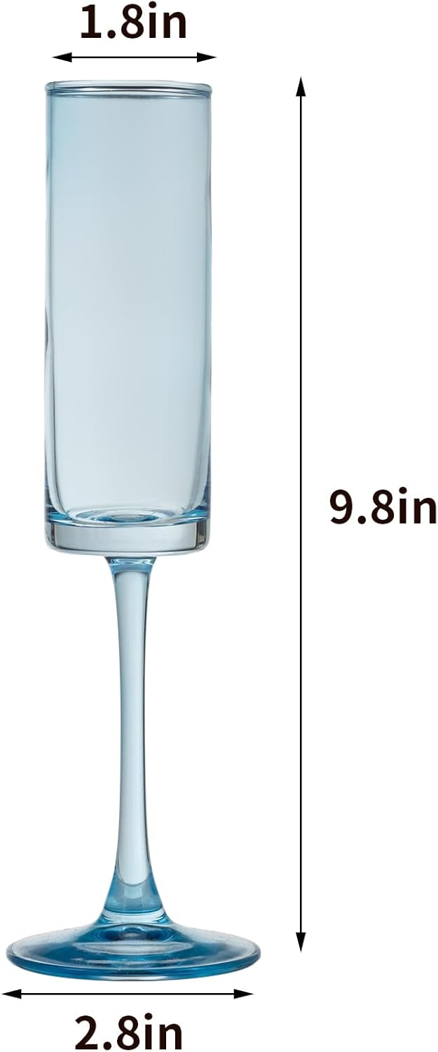 6 Pieces Blue Champagne Flutes 6 OZ Straight Sided Wine Glasses Champagne Long Stem Drinking Colored Glasses,Set of 6 Hand Blown Champagne Flutes Goblets for Wedding Cocktail Cups,Cava, Prosecco