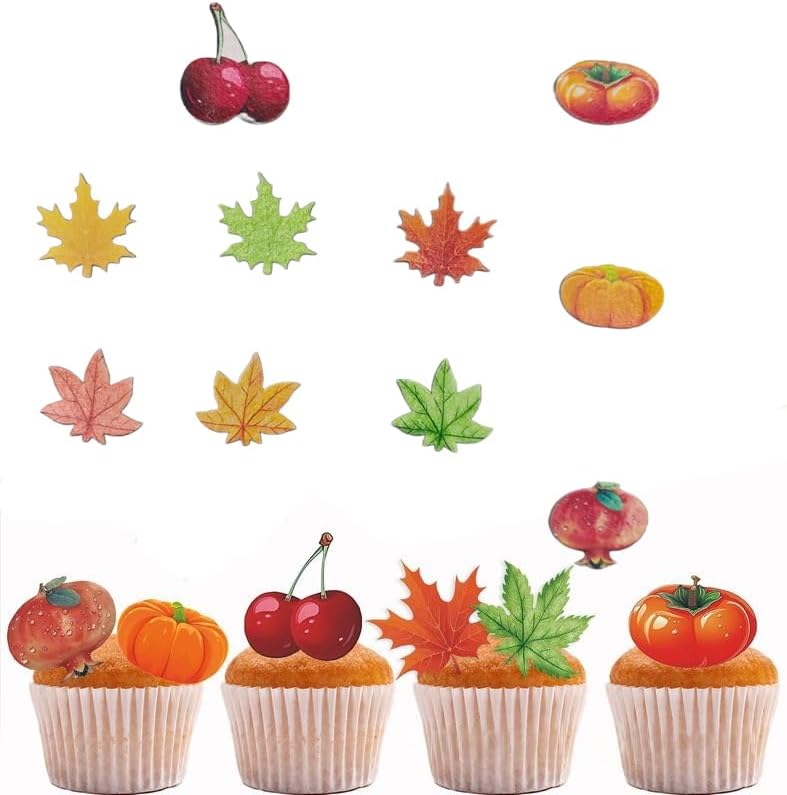 74pcs Thanksgiving Edible Fall Maple Fruit for Cake Decorating Cupcake Toppers Wedding Themed Party Birthday Cake Decoration(Tasteless)