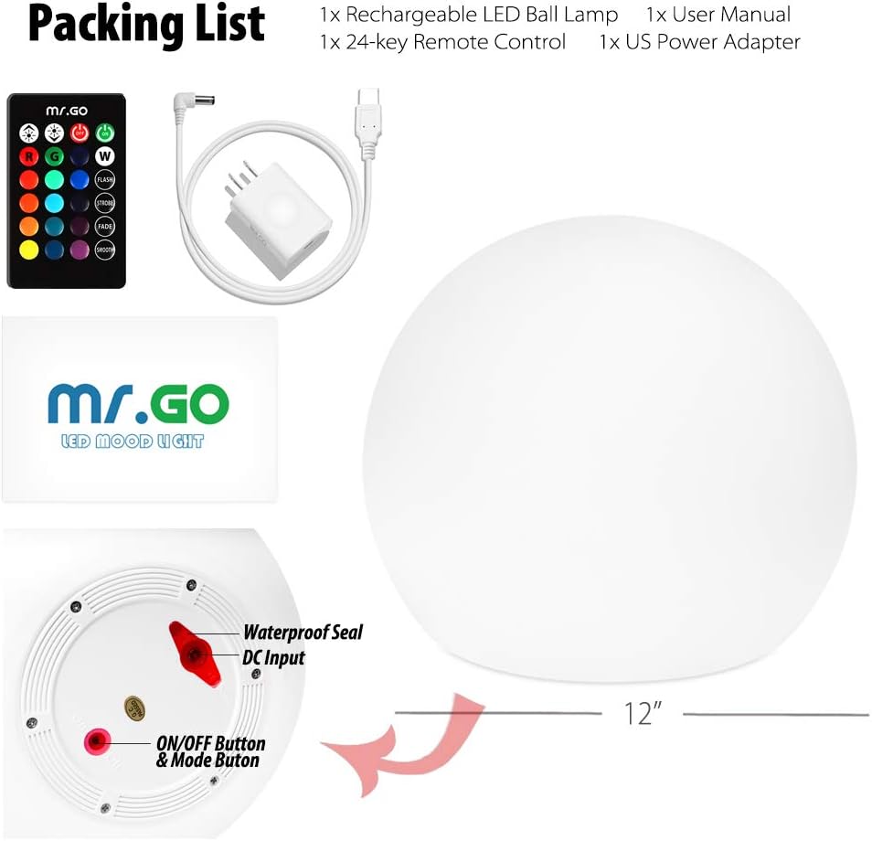 Mr.Go 12-inch Rechargeable LED Ball Light, RGB Color-Changing Globe Orb Lamp w/Remote, Home Kids Room Bedroom Bar Table Patio Pool Party Dimmable Sphere Nightlight Relax Mood Lighting Decoration