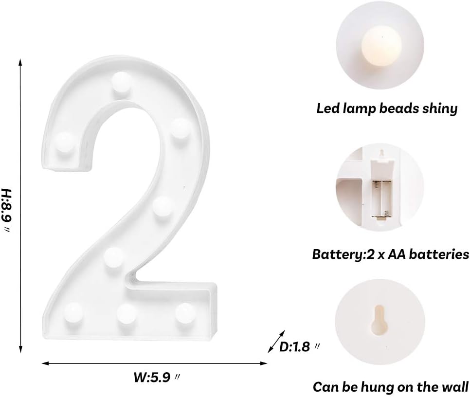 Foaky Decorative Led Marquee Light Up Number, Marquee Light Up Number Sign for Night Light Wedding Birthday Party Christmas Home Bar Decoration Number(2)
