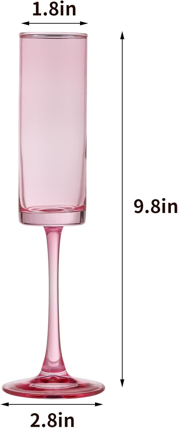 24 Pieces Pink Champagne Flutes 6 OZ Straight Sided Wine Glasses Champagne Long Stem Drinking Colored Glasses,Set of 24 Hand Blown Champagne Flutes Goblets for Wedding Cocktail Cups,Cava, Prosecco