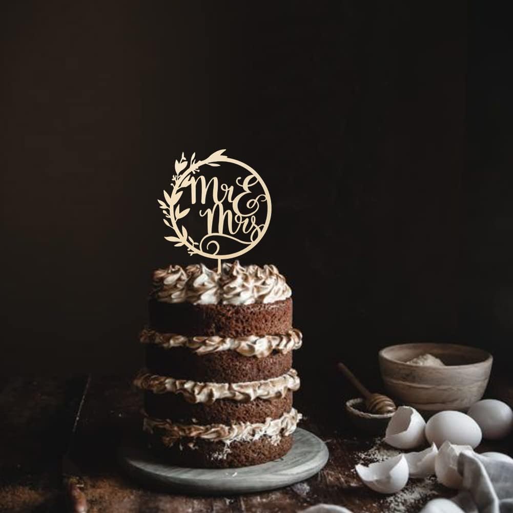 Mr & Mrs Cake Toppers - Engagement & Bridal Shower Cake Picks - Wooden Bride & Groom Decoration