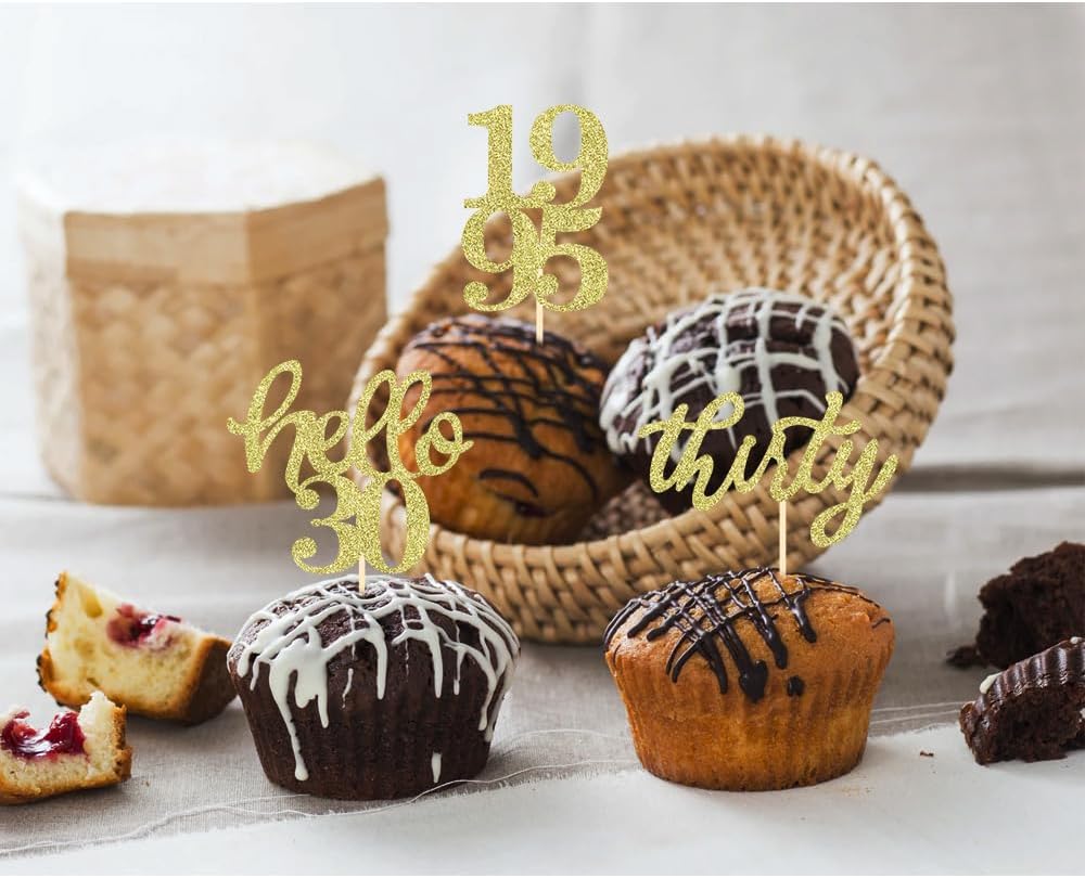 24 Pcs Gold Glitter 30th Birthday Cupcake Toppers for 30th Anniversary Birthday Party Wedding Party Decorations