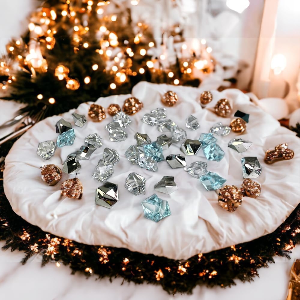 HappyFiller 14 OZ Fake Ice Rocks Cubes Acrylic Gems Stones for Winter Decorations,Christmas Vase Fillers,Wedding Table Scatters,Crafts,Home Centerpieces,Clear,Sea Blue,Silver Mix