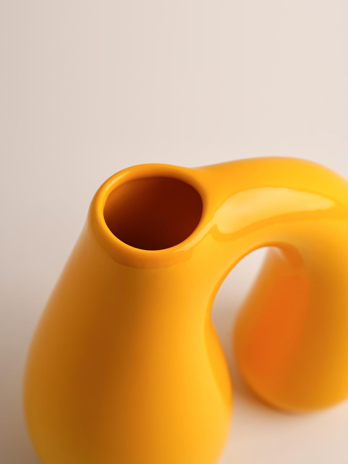 Yellow Ceramic Vase – Glossy Modern Sculptural Décor, Arch Handle Artistic Design, Bright Accent for Living Room, Shelf, or Table (7.5 in, Holds Water)