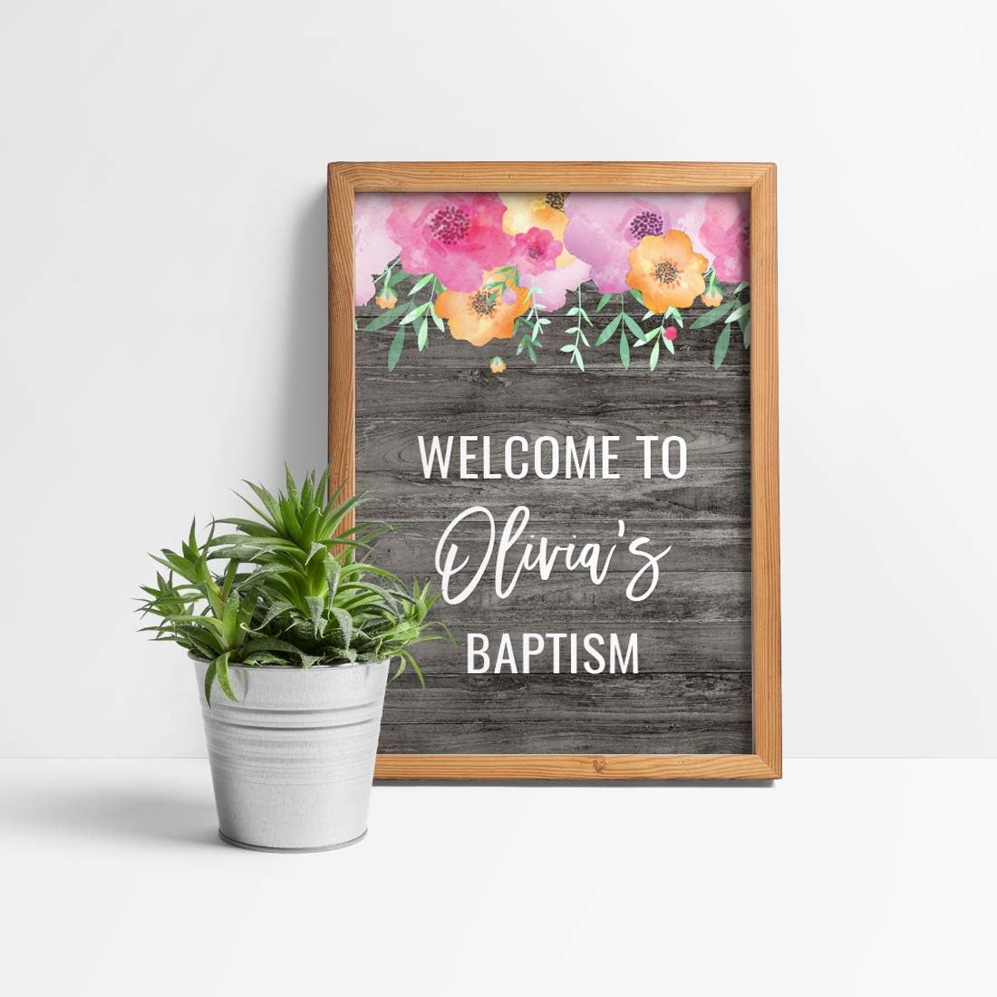 Andaz Press Personalized Extra Large Wedding Easel Board Party Sign, 12x18-inch, Pink Floral Flowers on Gray Rustic Wood, Your Text Here, 1-Pack, Custom