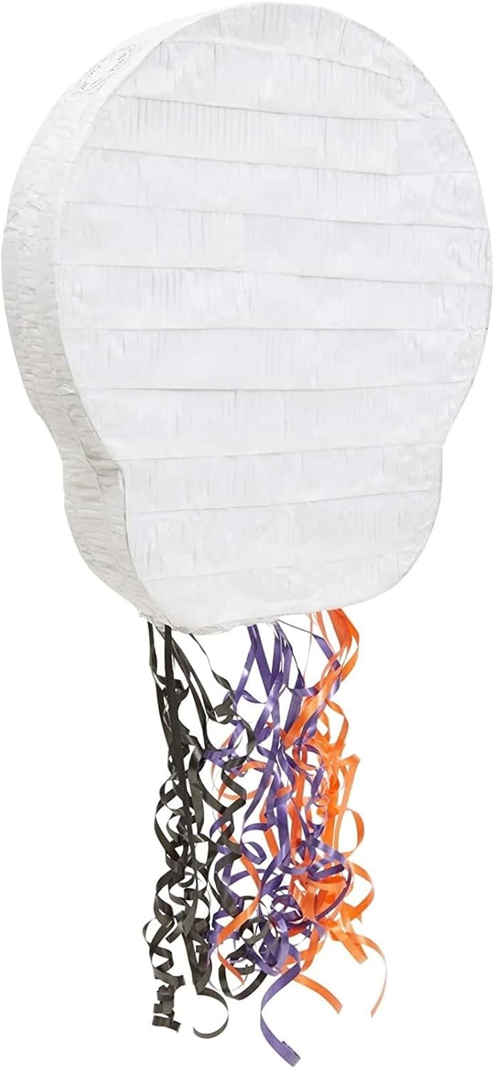 Skull Pinata Pull-String - 13 x 15 x 3 in, Multicolor Paper, Skeleton Style - Halloween Skeleton Pinata, Halloween Decorations, Day of the Dead Decorations & Party Supplies