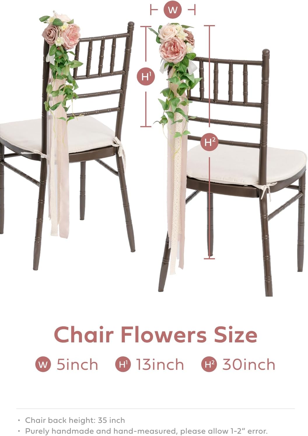 Ling's moment 8pcs Wedding Artificial Aisle Pew Flowers Chair Decorations Arrangements with Chiffon Ribbons Dusty Rose Cream for Ceremony Chair Back Floral Decor Reception Church Party Outdoor