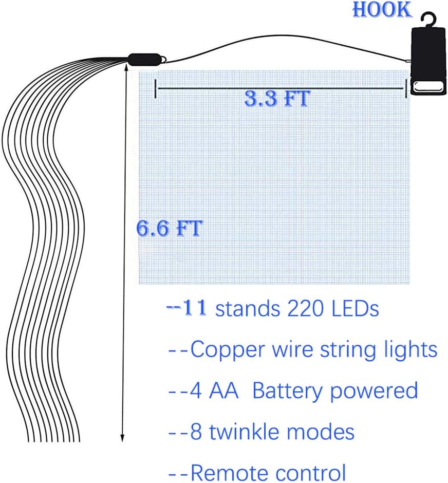 220 LED Firefly Bunch Lights Battery Operated, 8 Flashing Modes Waterproof Copper Wire Waterfall Lights, Remote Controlled Timer and Hooks, Fairy Lights for Indoor Outdoor Decor (Warm White)