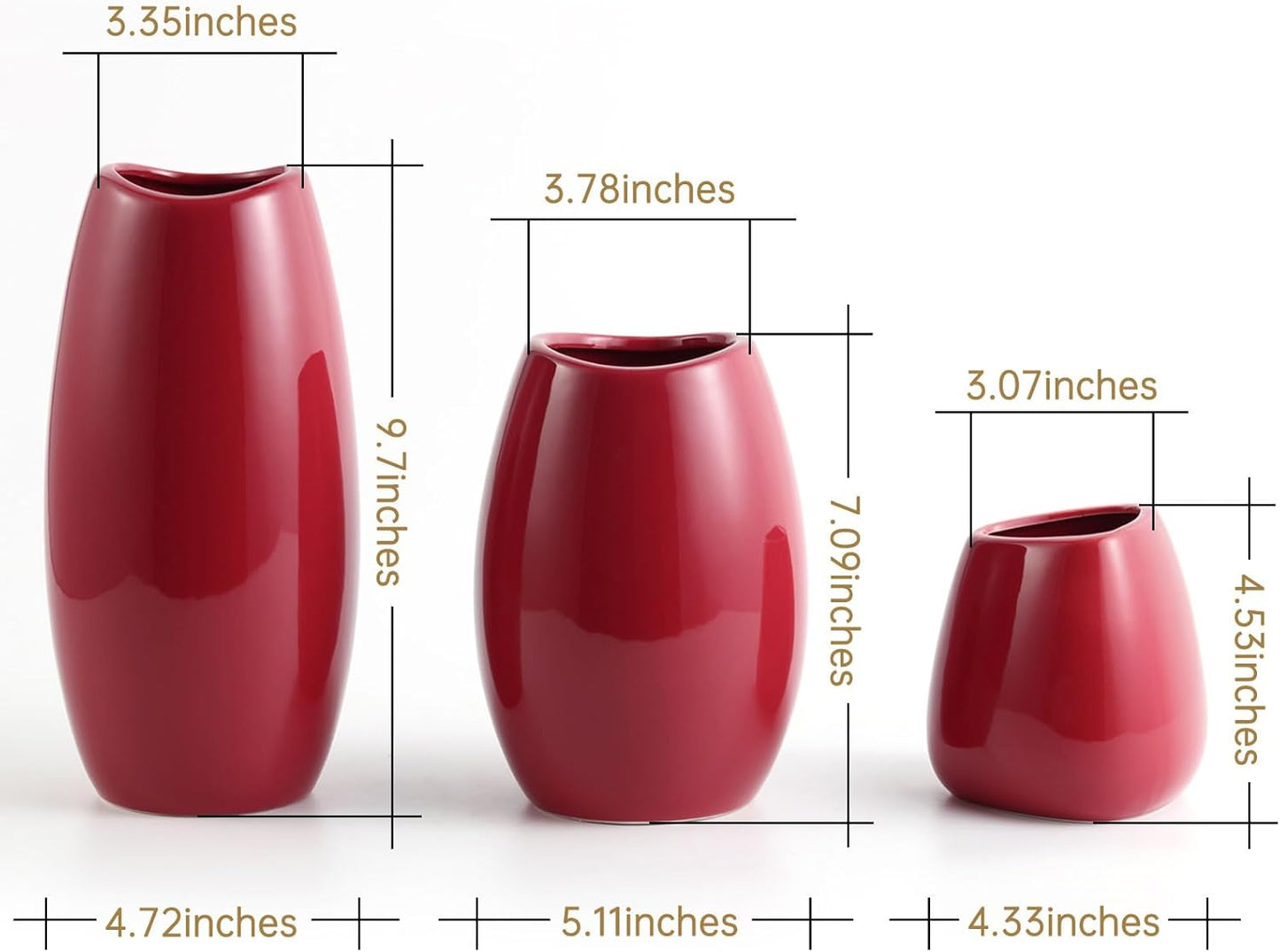 hjn Ceramic Vase Set of 3 Red Flower Vase for Home Decor, Modern Decorative Vase for Flowers Vases for Your Ideal Shelf Decor/Table/Living Room/Kitchen/Office-Red…