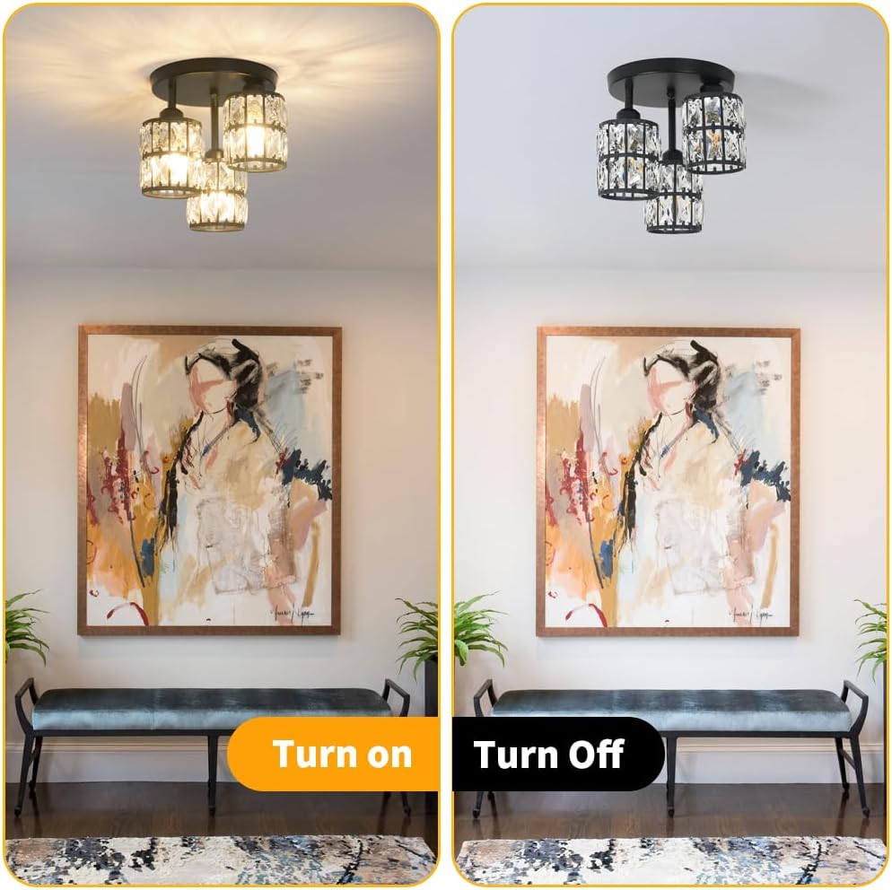 Modern Semi Flush Mount Ceiling Light, 3-Light Black Crystal Close to Ceiling Light Fixtures, Kitchen Light Fixtures with Clear Crystal Shade, Hallway Light Fixtures for Porch Bedroom Bathroom