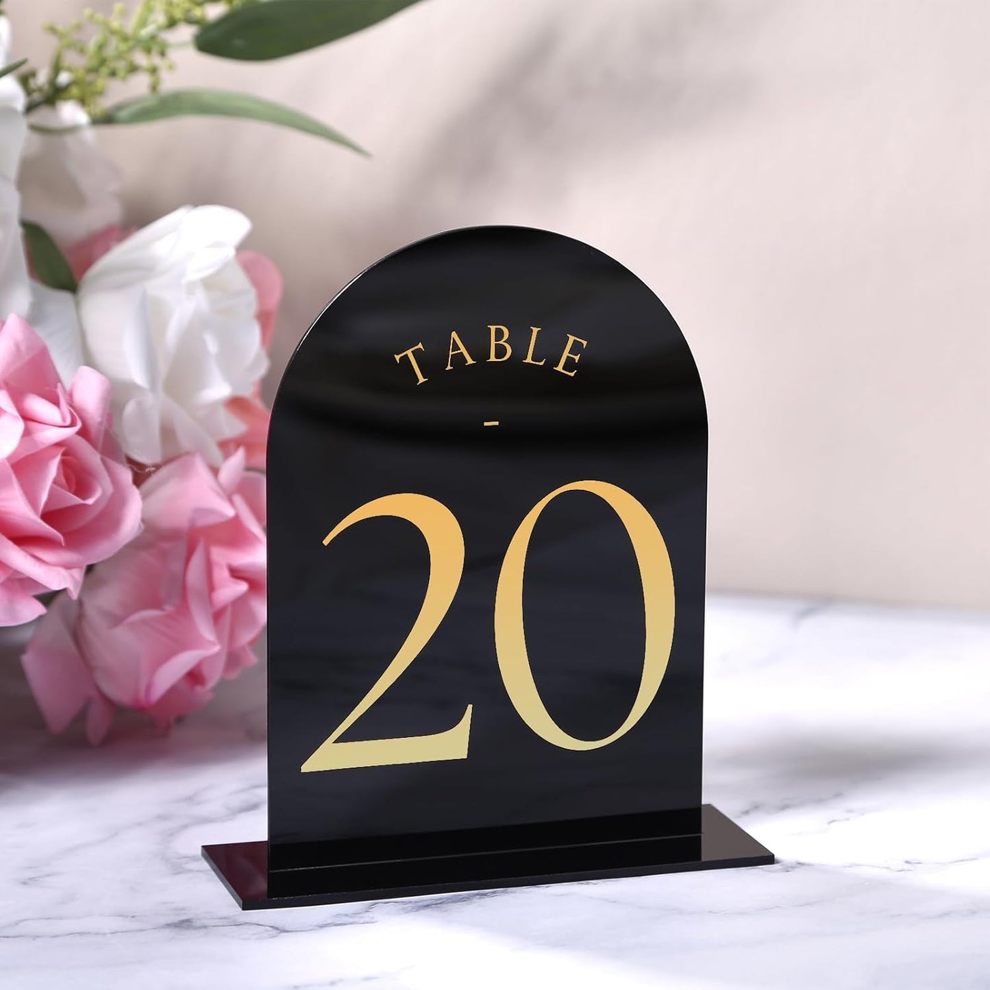 UNIQOOO Black Arch Wedding Table Numbers with Stands 1-20, Gold Foil Printed 5x7 Double Sided Acrylic Signs and Holders, Perfect for Centerpiece, Reception, Decoration, Party, Anniversary, Event