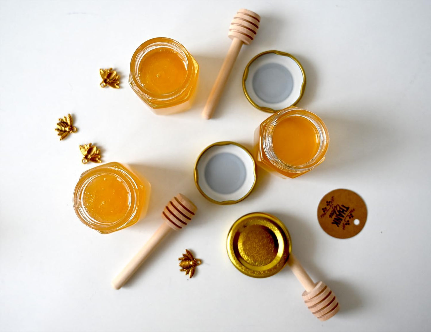 Mini Honey Jars - Hexagon Little Glass Honey Jar with Gold Lids, Wooden Dippers, Bee Charms and Jutes - Small Honey Jars for Baby Showers, 20Pack