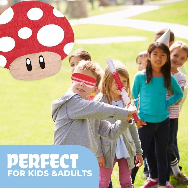 Mushroom Pinatas Bundle with a Blindfold and a Bat(16.5 x 12 x 3.5 Inches), Perfect for kid's Birthday Parties, Mexican Theme Parties, Decorations