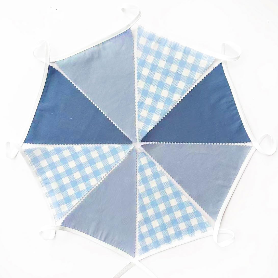 32Ft Dusty Blue Party Decorations Retro Blue Gingham Triangle Banner Flag Pennant Fabric Garland Streamers for Nautical Wedding Birthday Ahoy Achor Bridal Baby Shower Under The Sea Decor Supplies
