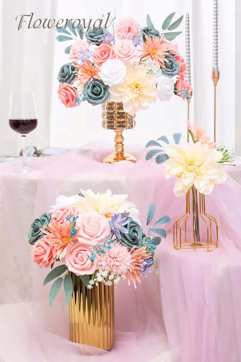 Floweroyal Artificial Flowers Combo Blue Flowers Mix Silk Flowers Dahlia Roses with Stems for DIY Wedding Bridal Bouquets, Baby Shower, Floral Arrangement, Table Centerpieces, Home Decorations.