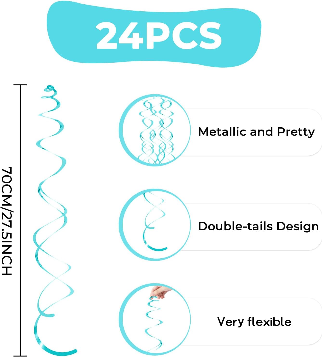 24 PCS Teal Hanging Swirl, Sparkle Ceiling Hanging Decorations, Plastic Streamer Party Decorations with Double-Swirls and Single-Swirls for Birthday Decorations, Graduation, Baby Shower