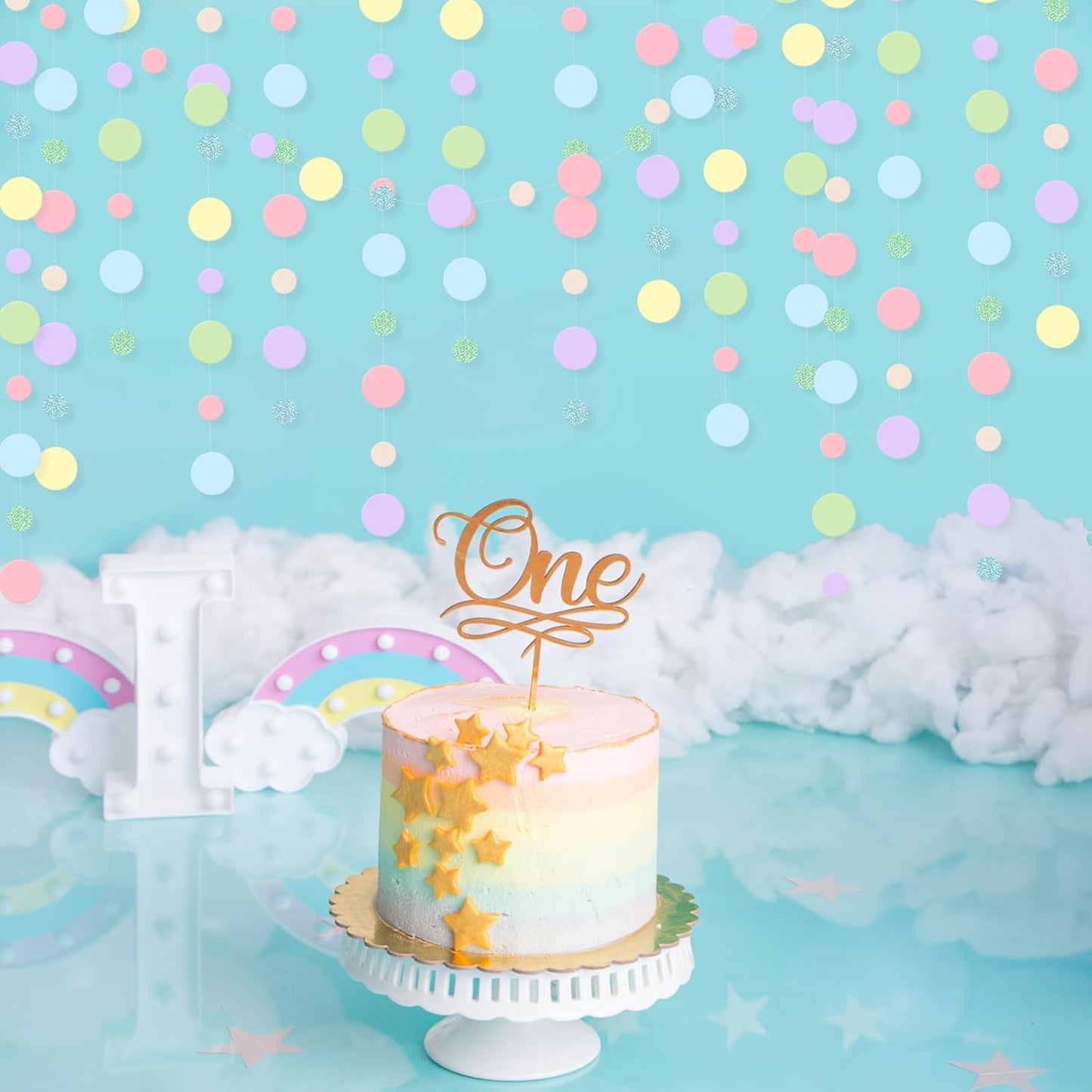 Outus 5 Pieces Colorful Dots Paper Garland Round Glitter Garland Hanging Confetti Streamers Backdrop for Candy Birthday Classroom Halloween Trunk or Treat Car Decoration (Pastel)