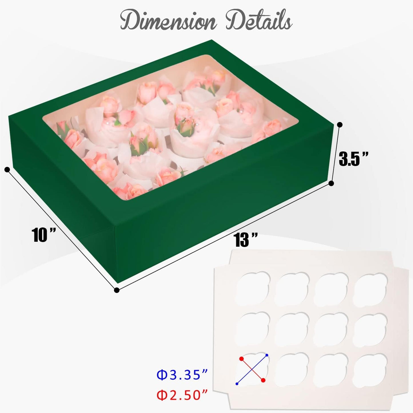 12 Cupcake Containers 10-Packs Forest Green Cupcake Box Cupcakes Carrier, 12 Cupcake Boxes with Window 13"x10"x3.5"(Auto-pop up)