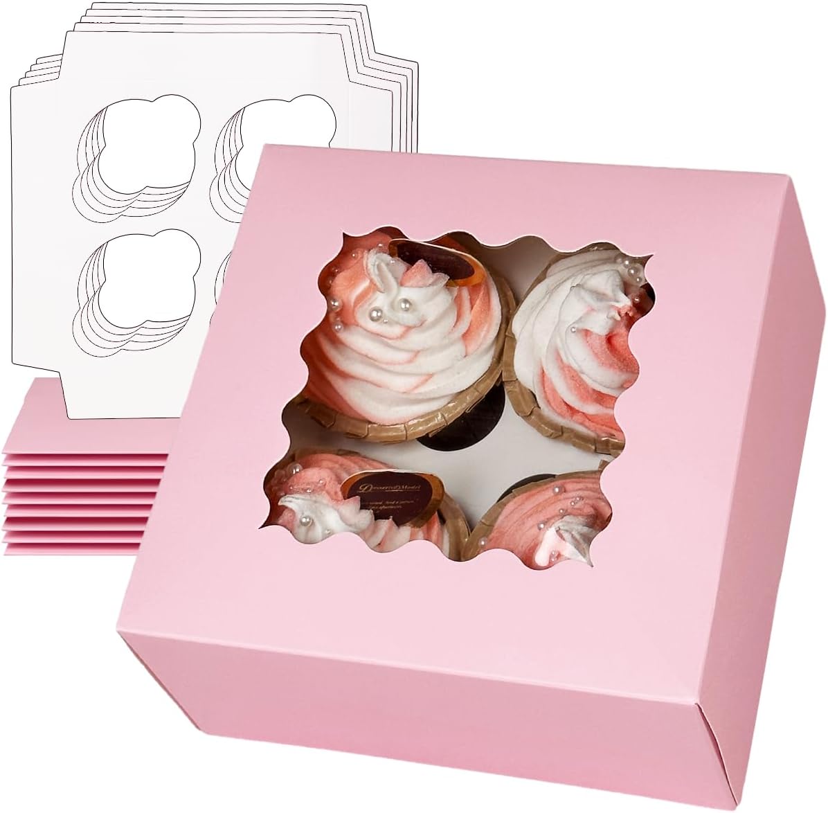 Bakepacker Auto-pop up 4 Cupcake Boxes with Window 20 Count Pink Box 6.3 x 6.3 x 3inch Cupcake Carrier