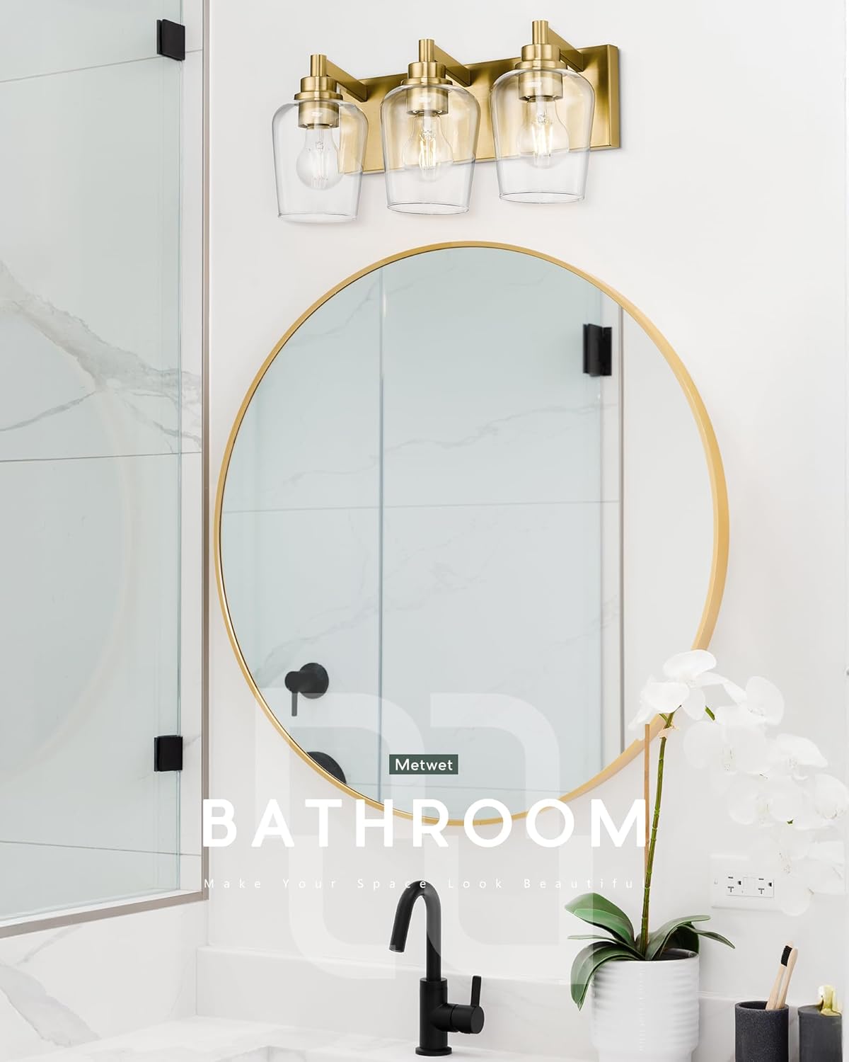 Bathroom Light Fixtures, 3-Light Modern Vanity Light with Clear Glass Wine Glass-Shaped Shade, Vanity Lighting Fixtures Over Mirror, Brushed Gold, VL155-BG-3