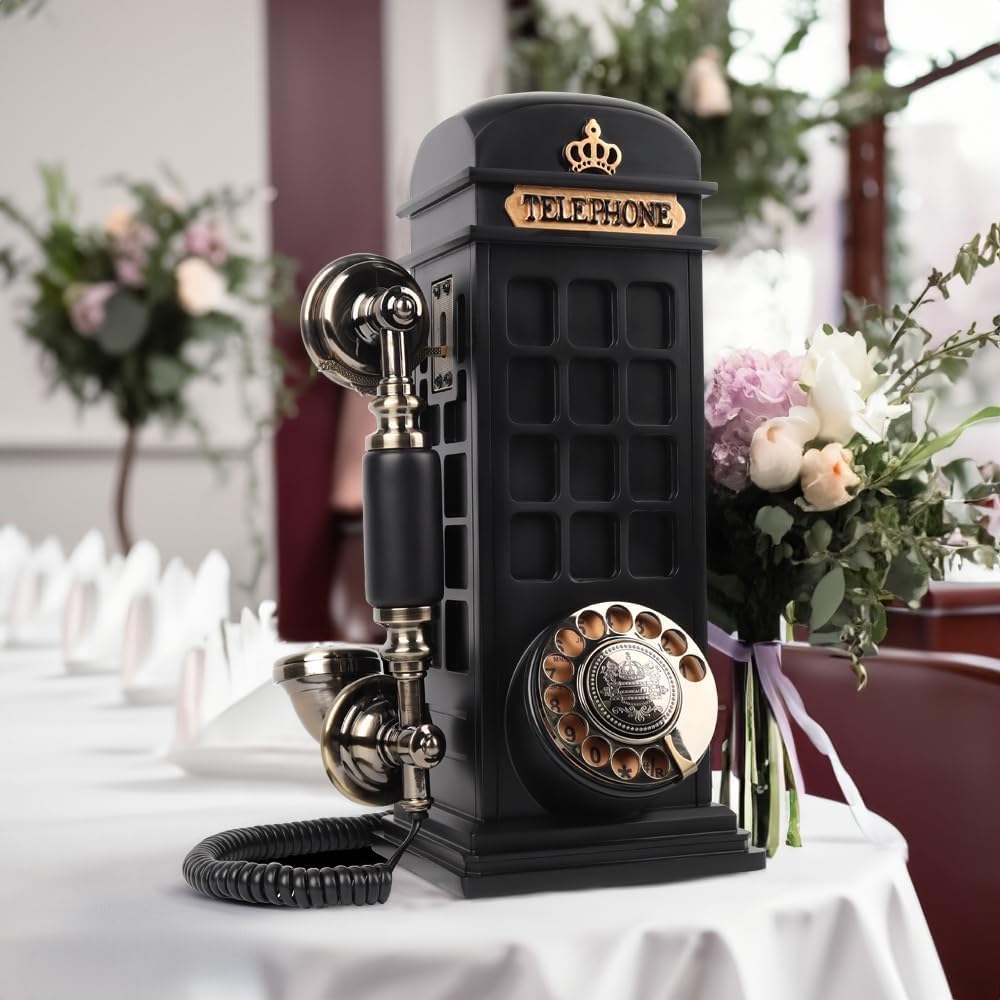 Audio Guest Book Wedding Phone with Vintage Phone Booth Design, Record Customized Audio Message Guest Book for Wedding, Party and Gathering, Black