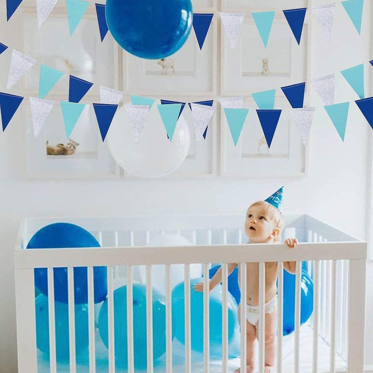 30 Ft Navy Blue Silver Pennant Banner Royal Blue Hanging Paper Triangle Bunting Flag Garland for Birthday Bridal Baby Shower Wedding Ahoy Achor Nautical Pirate Theme Party Decorations Supplies