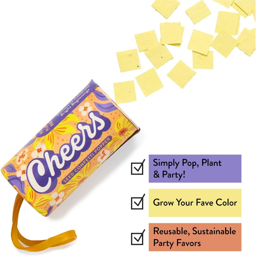 Modern Sprout Seed Confetti Poppers with Flower Seeds - Party Favors for Outdoor Wedding, Birthday & Parties - Non-Toxic, Plastic-Free & Pollinator Safe Plantable Seed Paper- Yellow Cheers(Pack of 12)