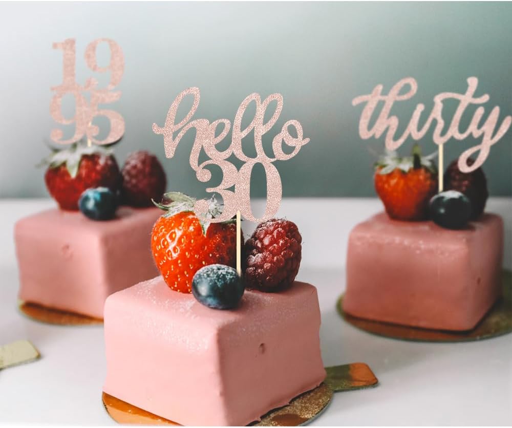 24 Pcs Rose Gold Glitter 30th Birthday Cupcake Toppers for 30th Anniversary Birthday Party Wedding Party Decorations