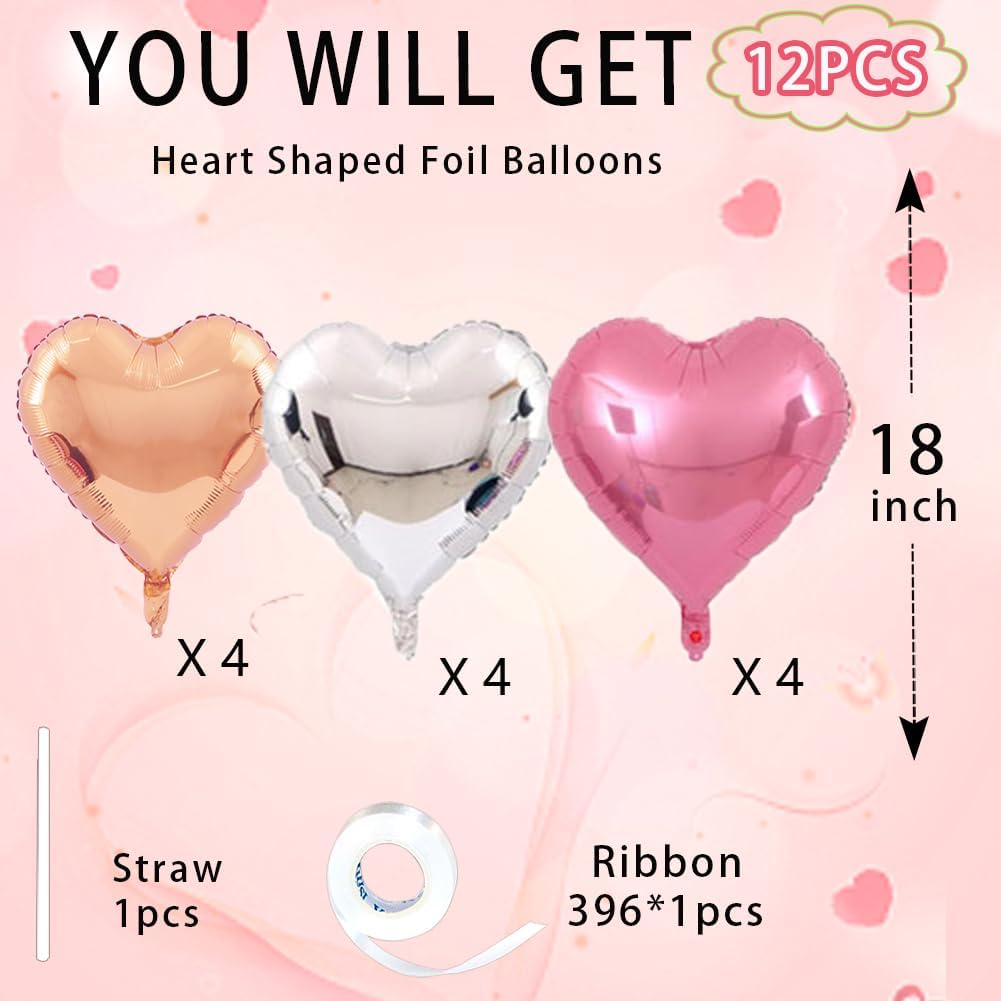 Rose Gold & Silver Heart Balloons,18 Inch Light Pink Foil Love Heart Shaped Balloons for Birthday Party Bridal Engagement Wedding Anniversary Baby Shower Valentines Decorations 12Pcs