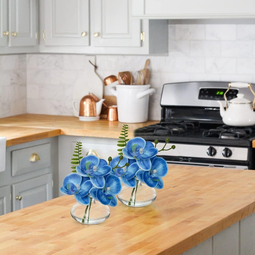 Blue Orchids Artificial Flowers Faux Orchids Arrangement in Clear Glass Vases Set of 3 Real Touch Phalaenopsis Orchid Flowers Small Fake Orchid Centerpiece for Dining Room Table