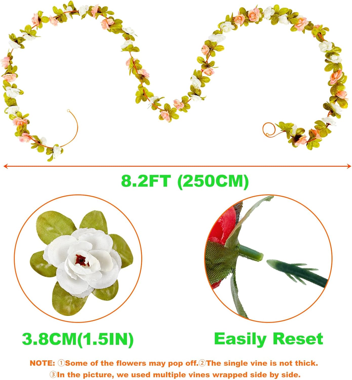 8 Pcs x 8.2 ft Flower Garland Artificial Rose Vine Flowers with Green Leaves Hanging Fake Roses Vine for Room Party Home Wedding Birthday Christmas Wall Arch Decor, Spring Yellow Flower