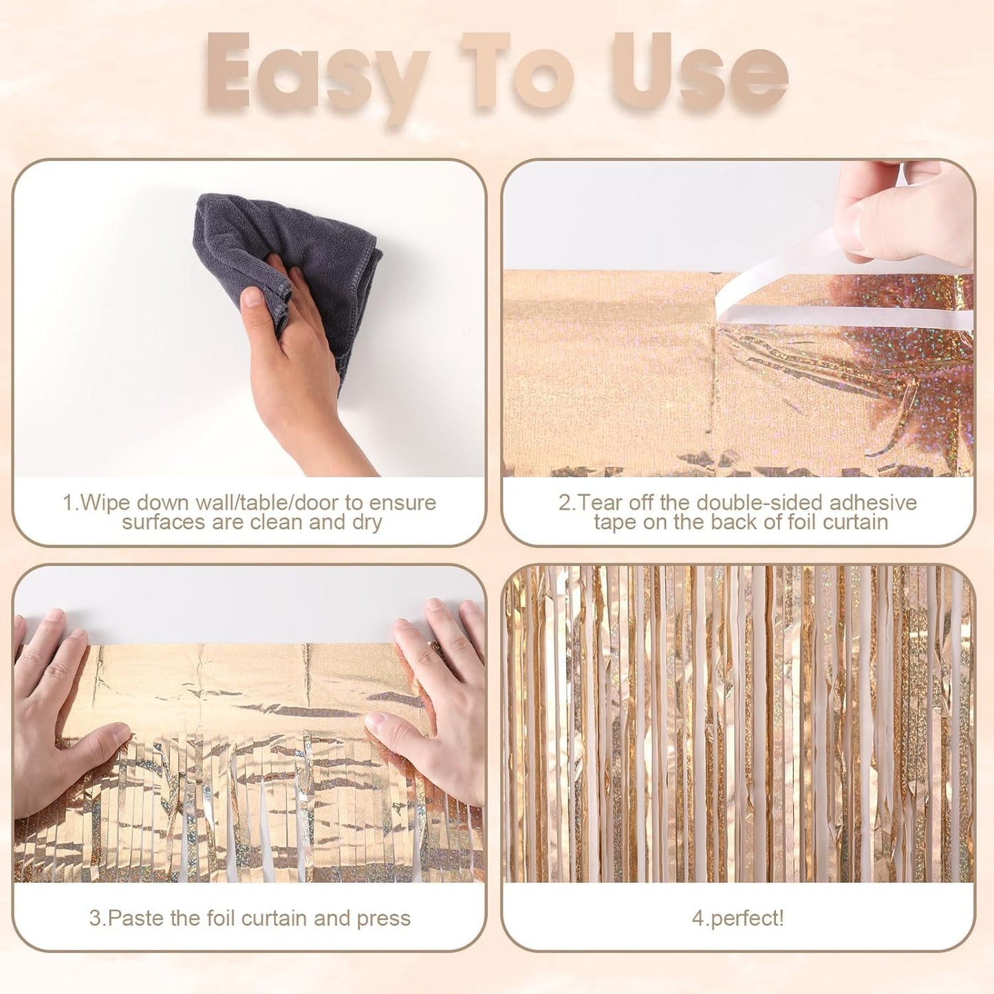 2 Pack Champagne Gold Tinsel Foil Fringe Curtains, Champagne Party Decorations, Metallic Tinsel Party Streamers Backdrop for Birthday Baby Shower Graduation Wedding Party Decorations