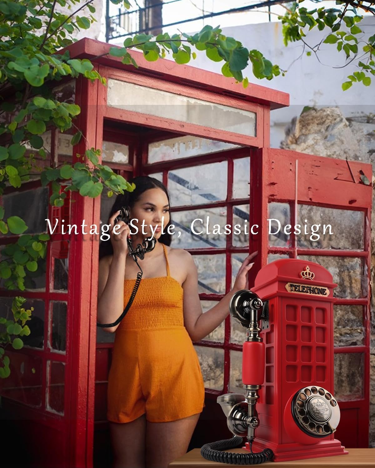 Audio Guest Book Wedding Phone with Vintage Phone Booth Design, Record Customized Audio Message Guest Book for Wedding, Party and Gathering, Red