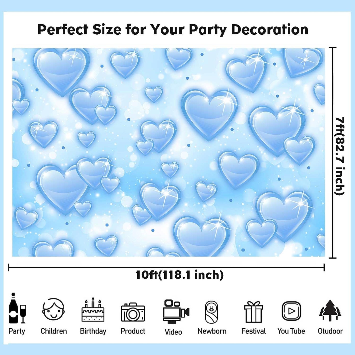 Sensfun 10x7ft Light Blue Heart Backdrop Early 2000s Party Decorations Old School Backdrops Valentines Day 90s Hearts Y2K Birthday Party Banner Newborn Photography Background Selfile Photo Booth Props