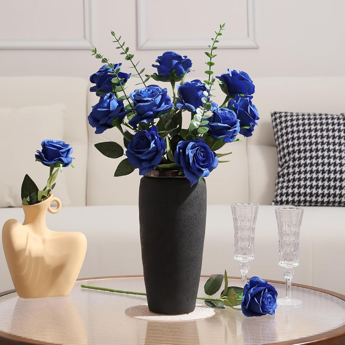 Tifuly Royal Blue Roses Artificial Flowers -12 pcs Realistic Single Long Stem Fake Silk Roses Bouquet for Party Home Wedding Centerpiece Office DIY Decor