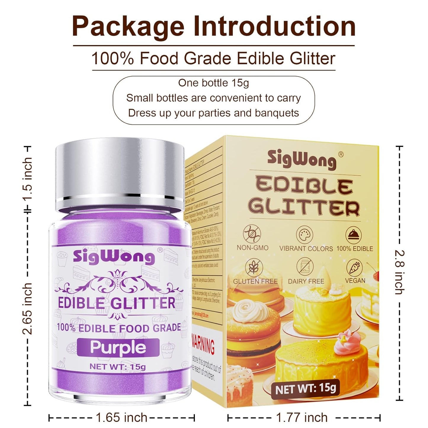 Purple Edible Glitter - 15g Food Grade Luster Dust Powder, Cake Decorating Sprinkle Glimmery Dust for Drinks, Wine, Fondant, Chocolate, Candy, Cookie, Vegan