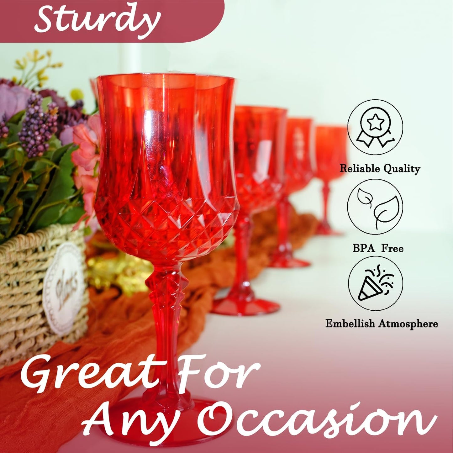 Plastic Wine Glasses,Plastic Goblets Vintage Style Cordial Drinking Glasses for Wedding Reception, Christmas Grand Event Party Supplies (48, Red)