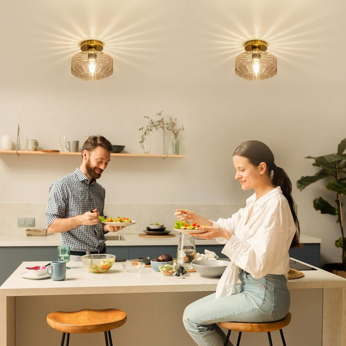 Gold Flush Mount Ceiling Light Modern - Hexagonal Diamond Faceted Glass, 50% Brighter 1200LM LED, Low-Profile for Kitchen/Hallway/Entryway, Tool-Free Installation (Brushed Gold Finish)