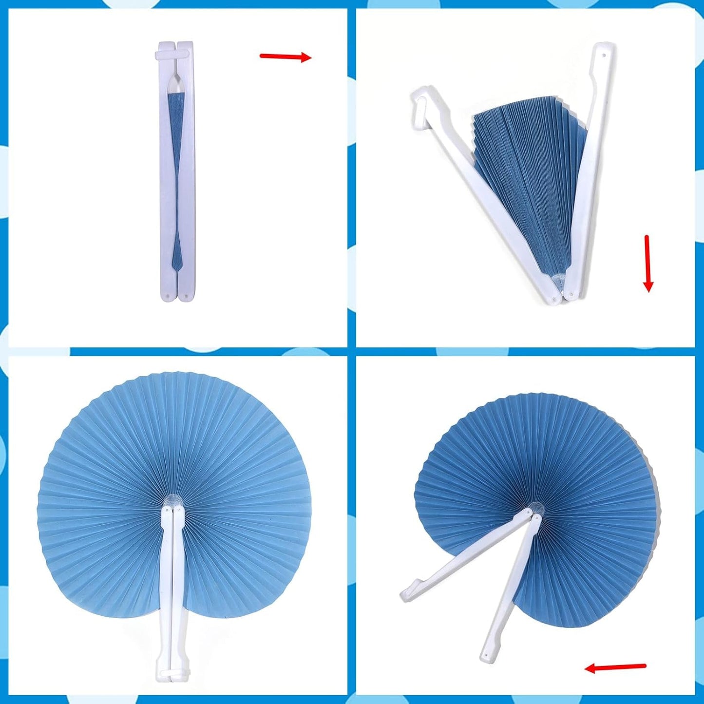 12 Packs Decorative Paper Folding Hand Fans Handheld,Blue Round Foldable Wedding Fans Chinese and Japanese Fans Bulk for Bridal Guest Church Party Favors Dancing Birthday DIY