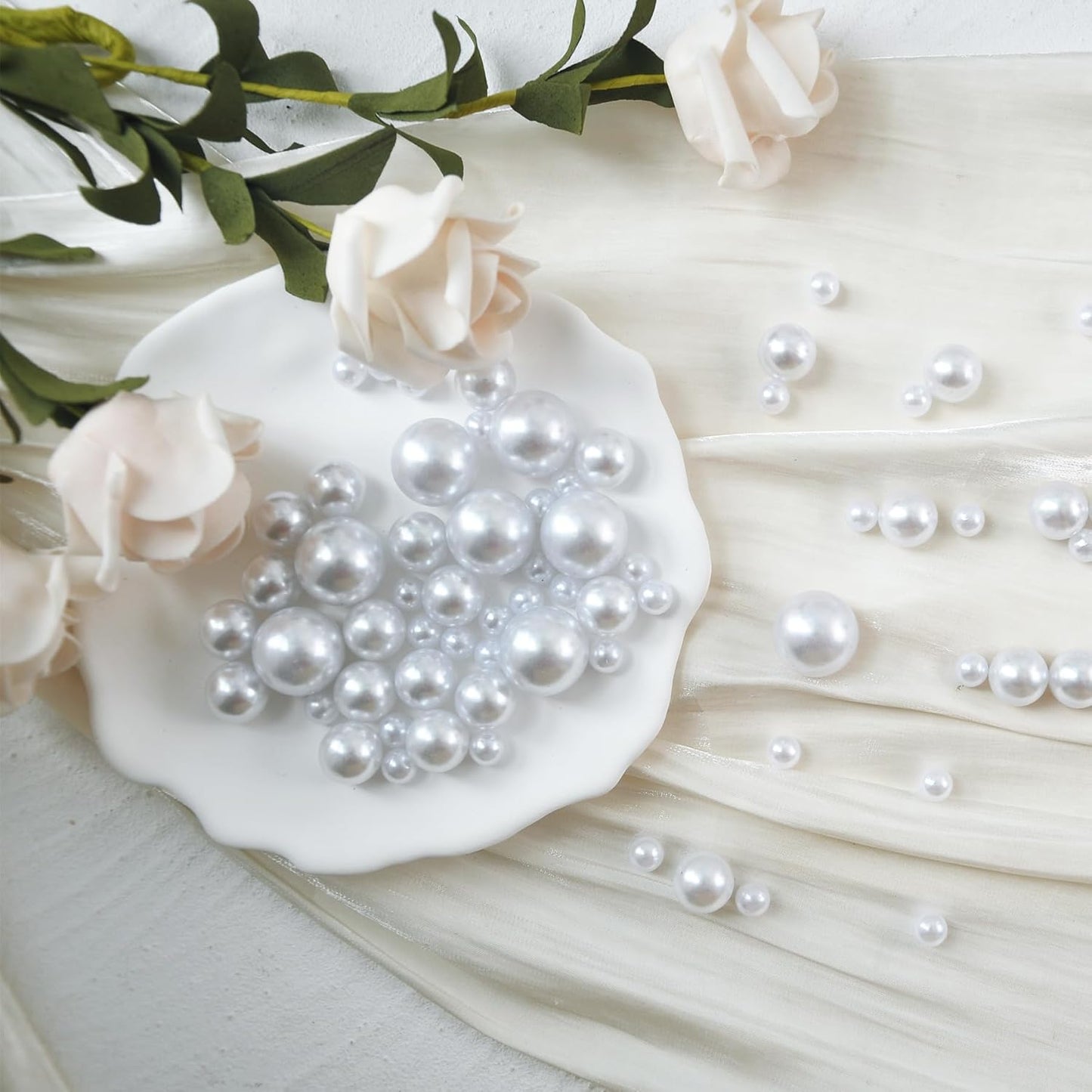 260Pcs White Glossy Beads - 6mm, 14mm, 18mm Round Plastic Pearl Beads for Centerpiece Decor, Wedding, Birthday, Christmas Party, Home Decor