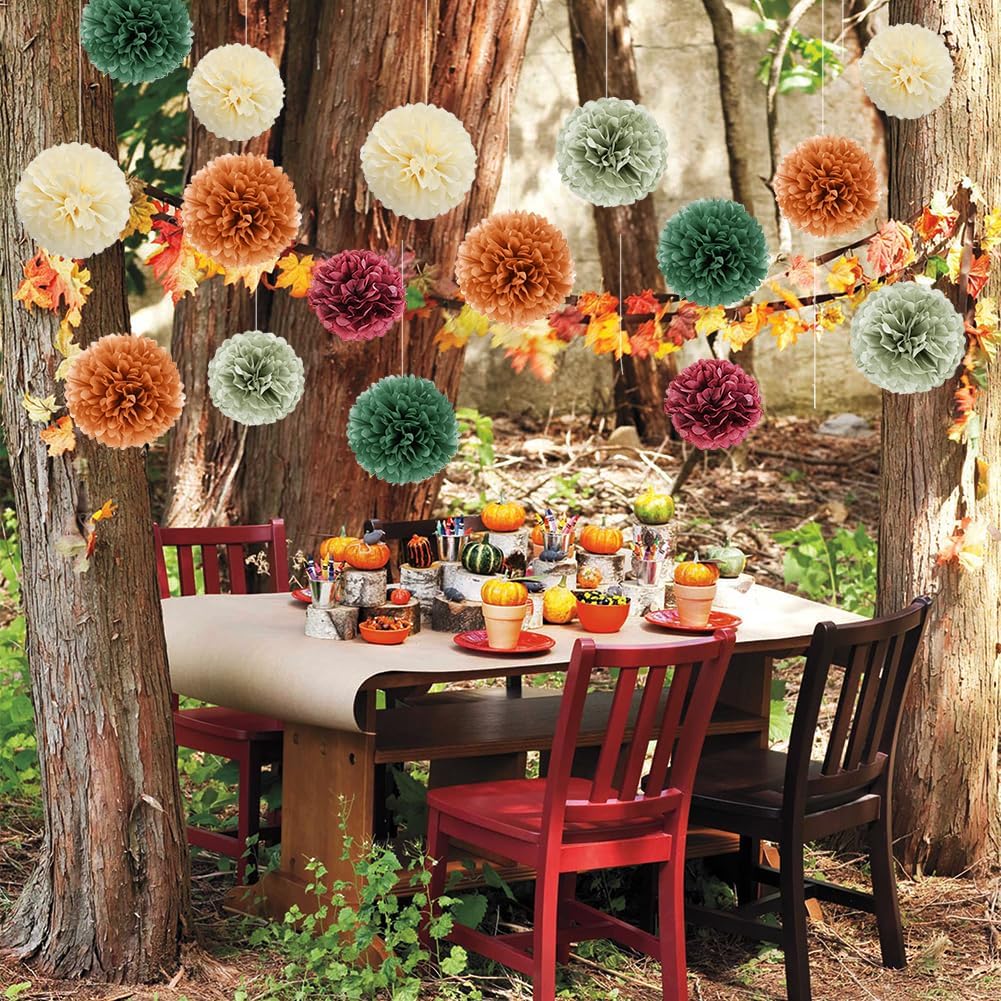 Fall Party Decorations 16pcs Orange Green Tissue Pom Pom Decorations Burgundy Sage Green Fall Decorations for Autumn Bridal Shower Baby Shower Wedding Birthday Engagement Party Decorations