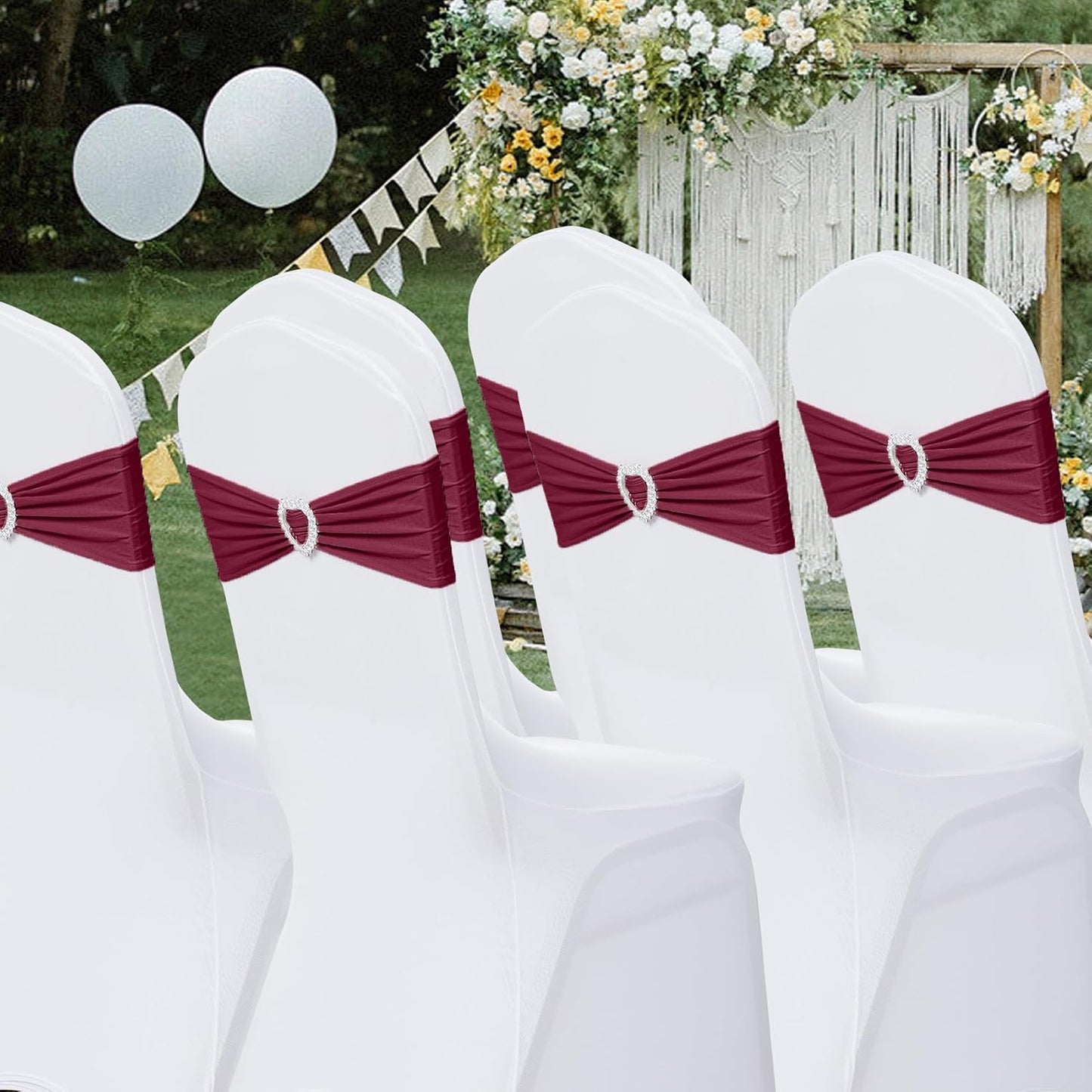Howhic Pack of 120 Spandex Chair Sashes Bows Stretch Chair Cover Band with Buckle Slider Universal Elastic Chair Ties for Wedding Banquet Party Event Decoration (Burgundy)