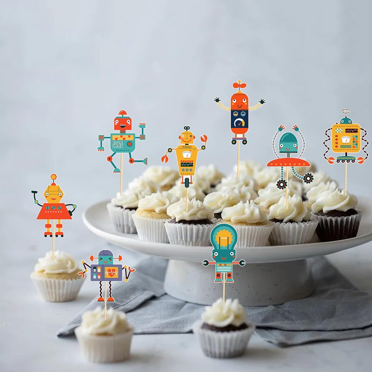 24pcs Robot Cupcake Toppers Robot Cake Decorations for Robot Birthday Party Decorations Birthday for Boys Gear Robot Baby Shower Supplies