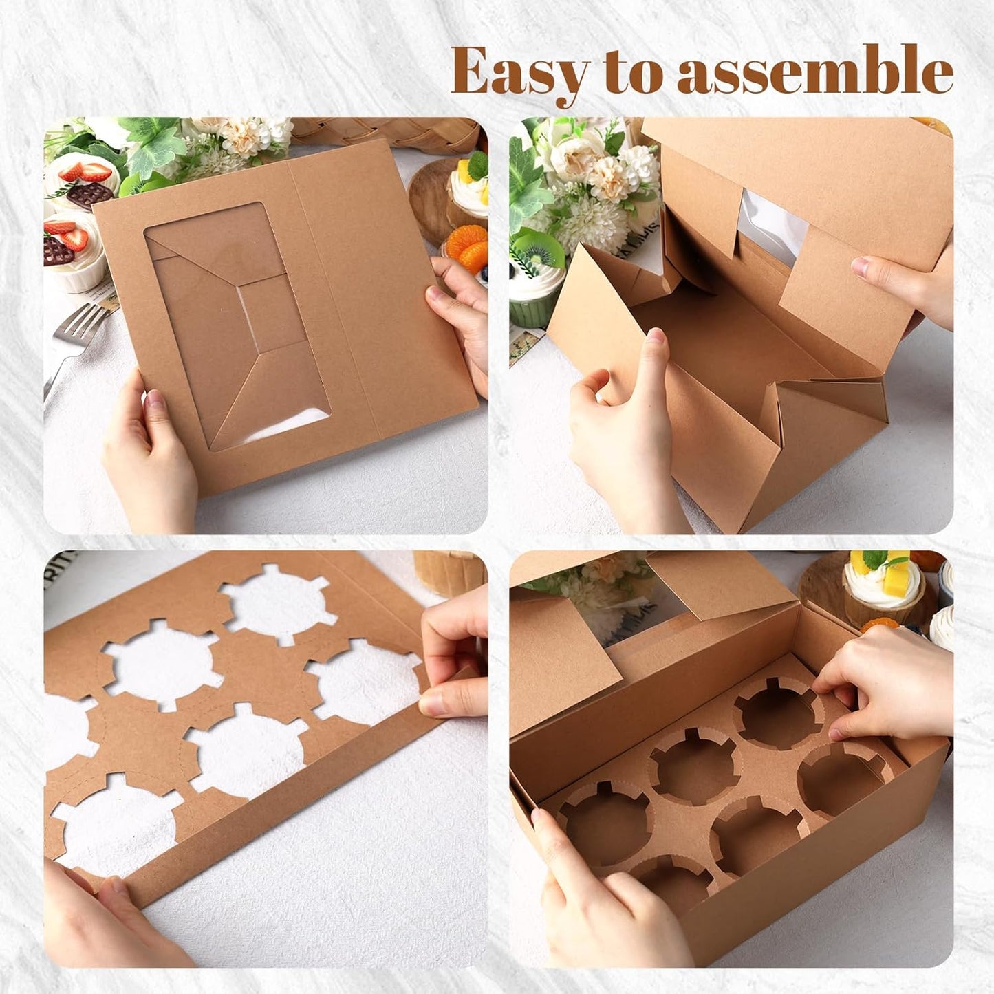 HANSGO 6 PCS Cupcake Boxes, 9.5x6.3x3.5 Inch Cupcake Containers Brown Pastry Boxes with Inserts 6 Holders for Muffins Pastry Strawberry, Party Supplies