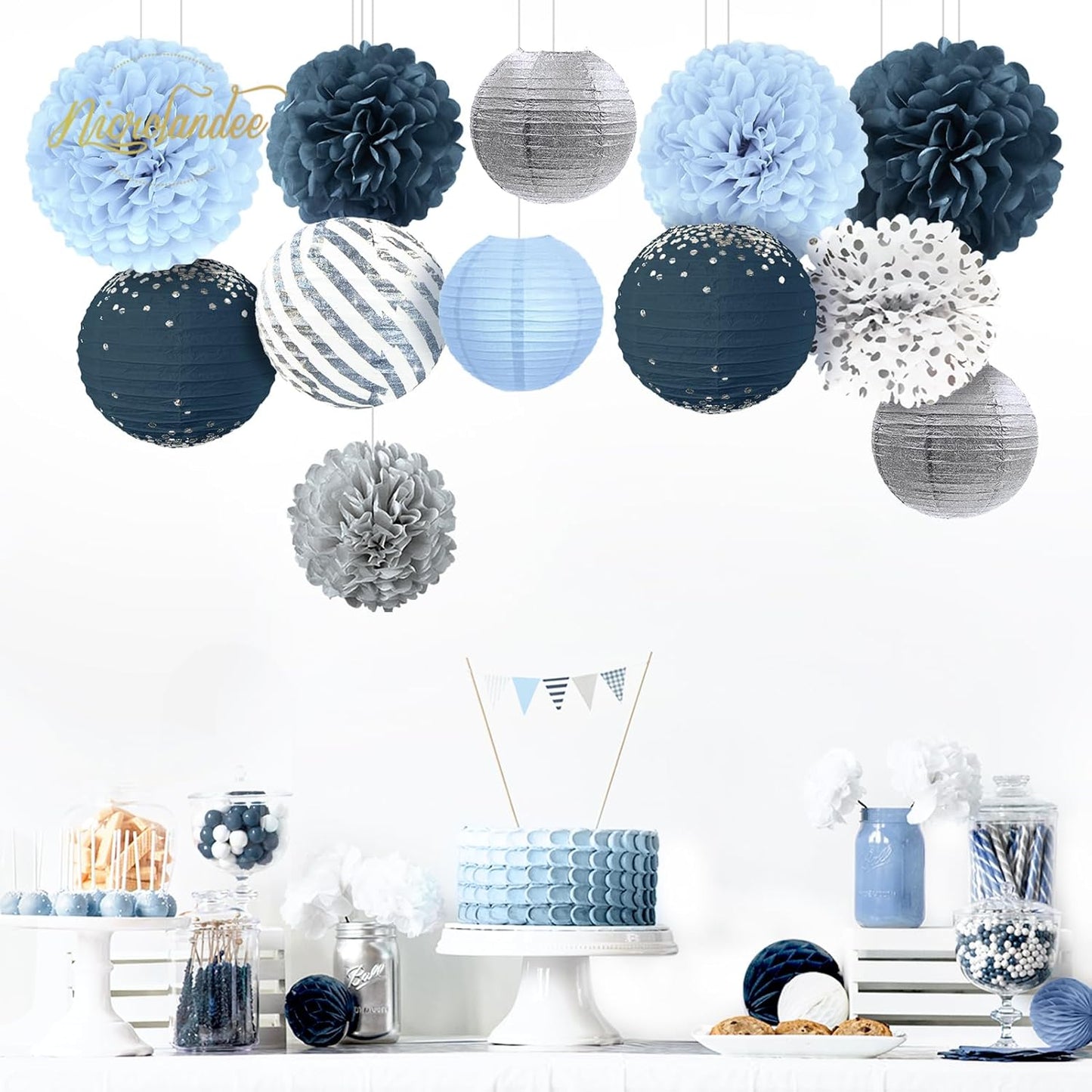 NICROLANDEE Dusty Blue Wedding Decorations, 12 PCS Blue Grey Tissue Pom Poms Paper Lanterns Decor for Birthday, Bridal Shower, Baby Shower, Bachelorette Party Hanging Decoration Supplies