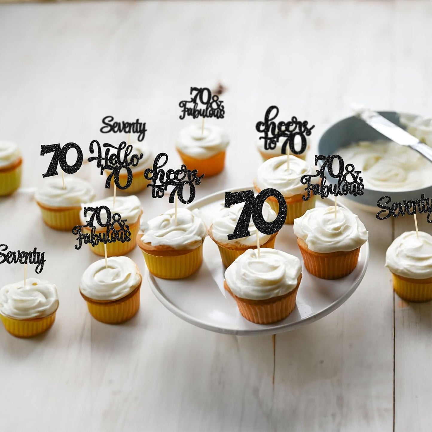 30Pcs Happy 70th Birthday Cupcake Toppers Seventy Cheers to 70 Years Old Birthday Cupcake Picks for 70th Birthday Anniversary Party Cake Decorations Supplies Black Glitter