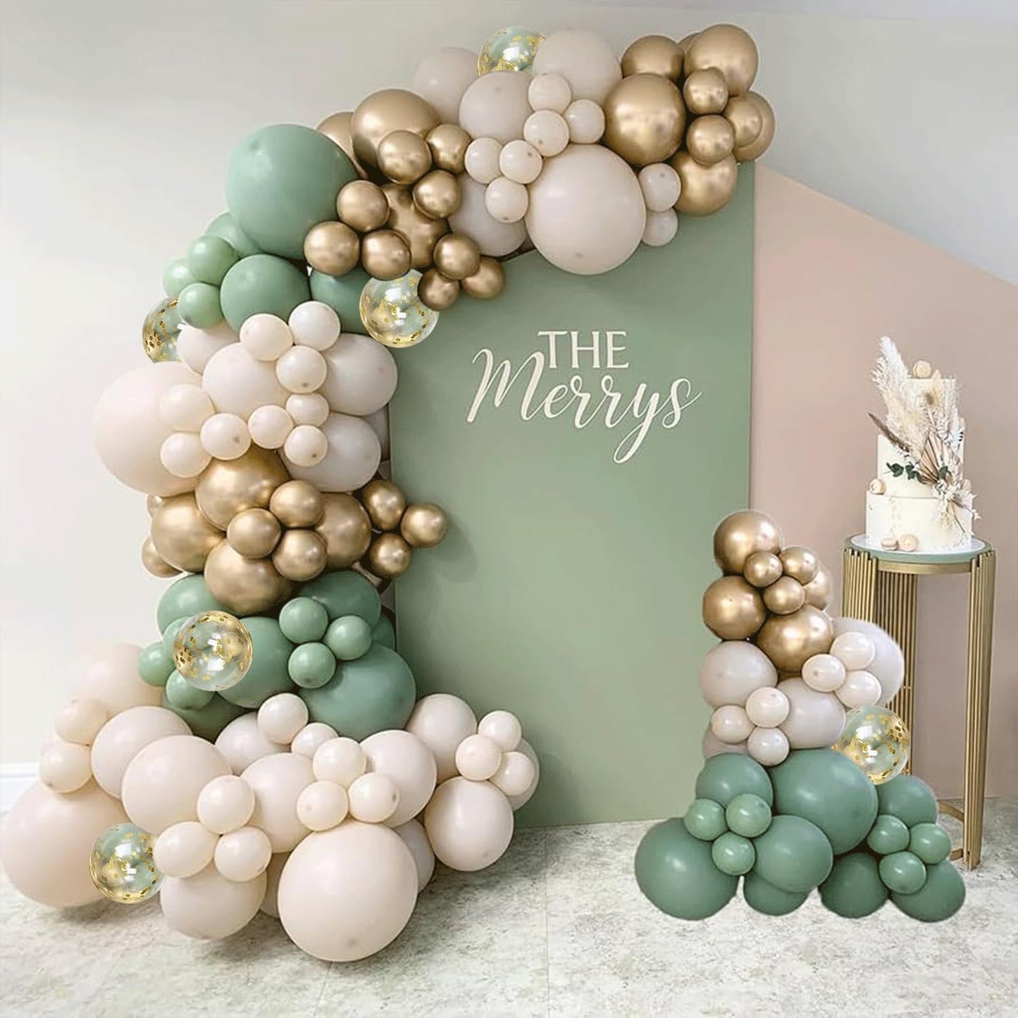 Sage Green White Sand Balloon Arch Kit, Green Beige Gold Metallic Balloons Garland Kit with Gold Confetti Balloons for Birthday Wedding Bridal Shower Bachelorette Party Decorations