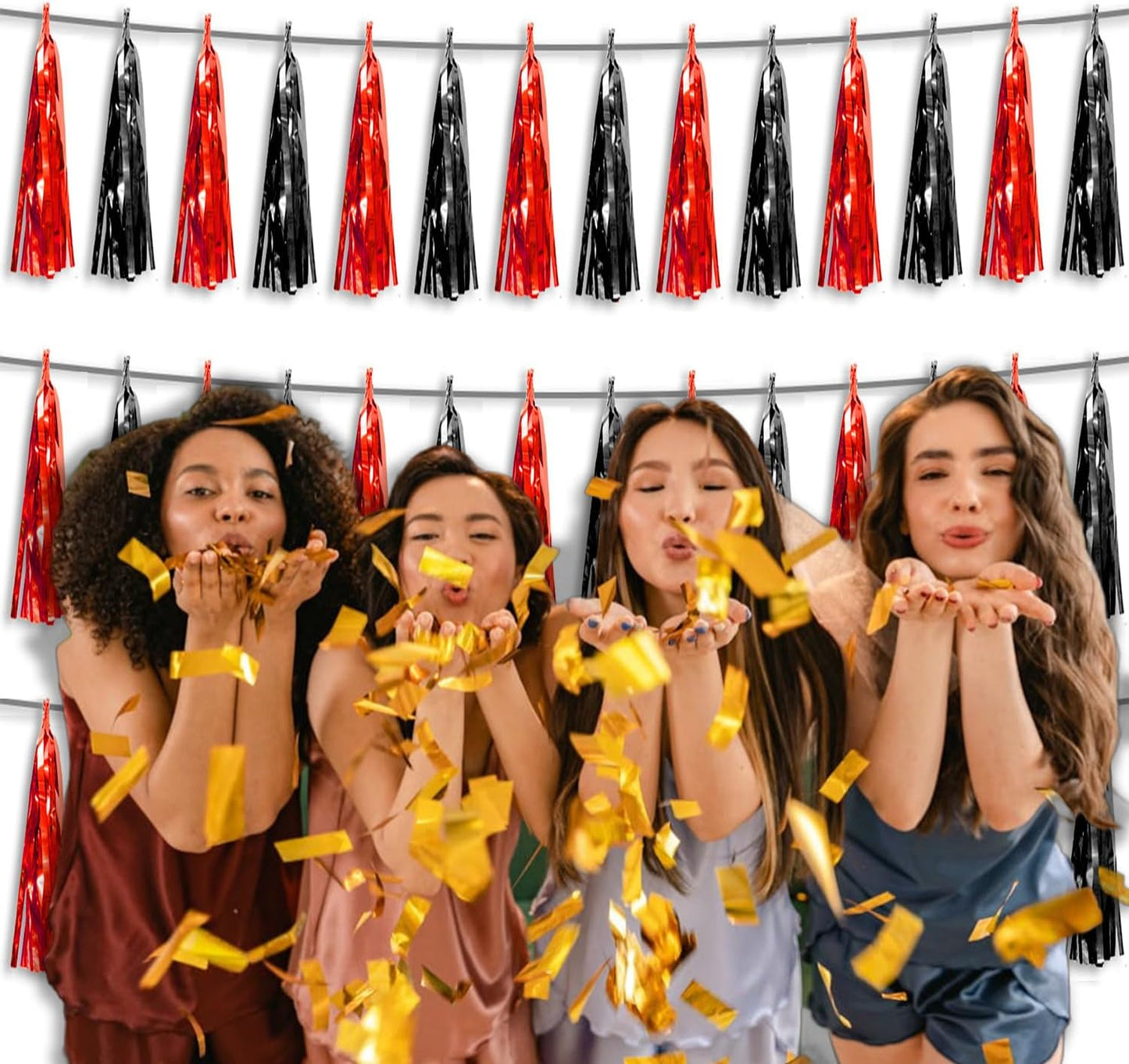 3P Metallic Fringe Tassel Banner Garland Foil Tinsel Streamer Wall Hanging Curtain Backdrop Banner for Parade Floats, Halloween Decorations, Christmas Day Party Decoration(Black red)