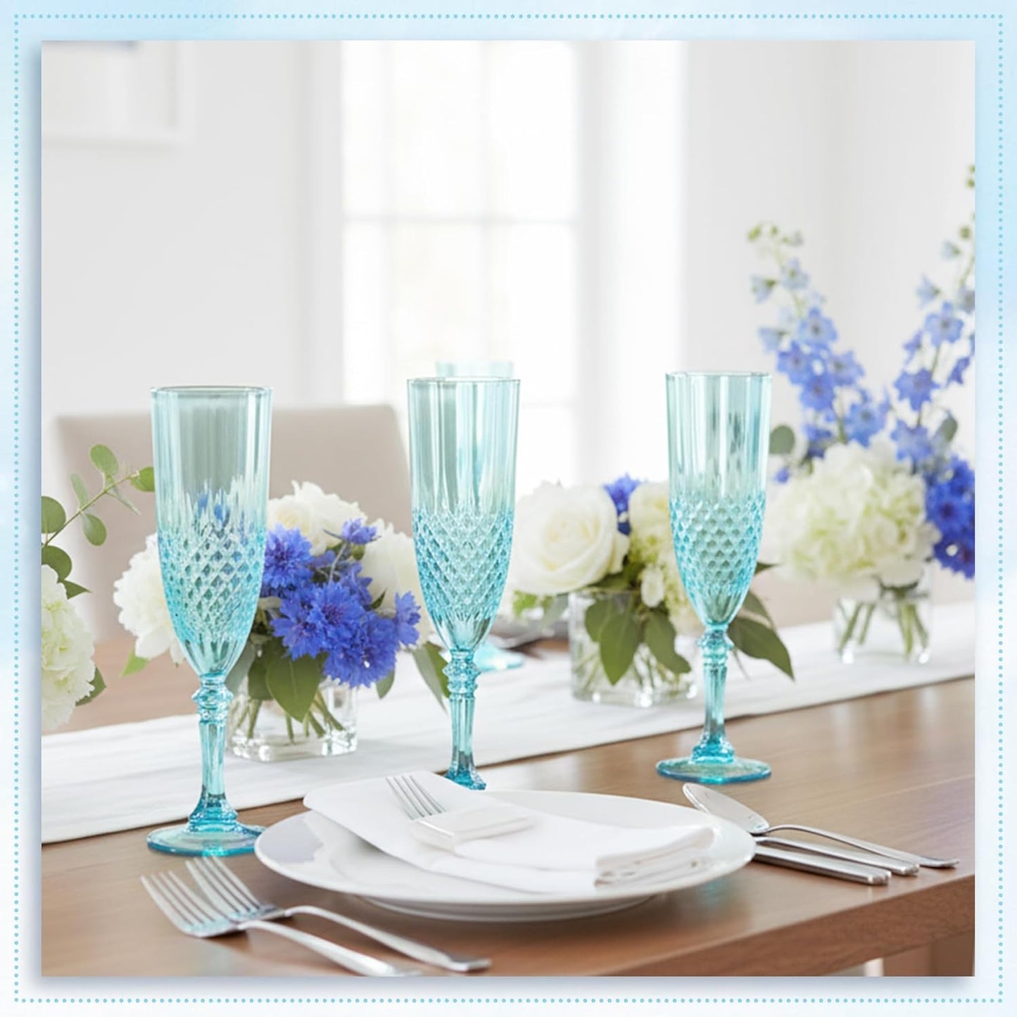 Plastic Champagne Flutes, 12PCS Light Cyan Wine Glasses Goblets Cups Reusable Flute, for Weddings Bachelor Parties Toasting and Events(12, Light Cyan)